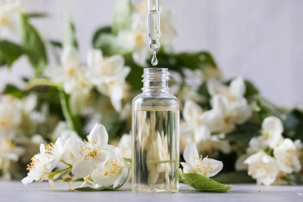 Jasmine essential oil is dripped into a dropper